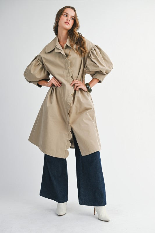 SCALLOP DETAILED BALLOON SLEEVE TRENCH COAT