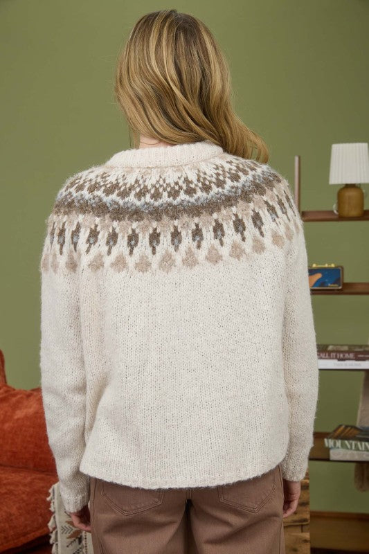 FAIR ISLE PATTERN KNIT CARDIGAN | CREAM