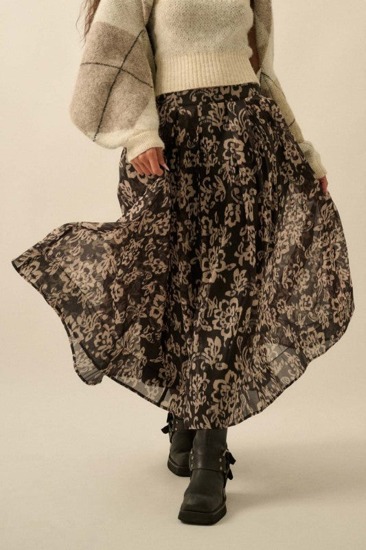 FLORAL ORGANZA PLEATED MIDI SKIRT
