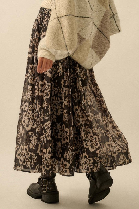 FLORAL ORGANZA PLEATED MIDI SKIRT