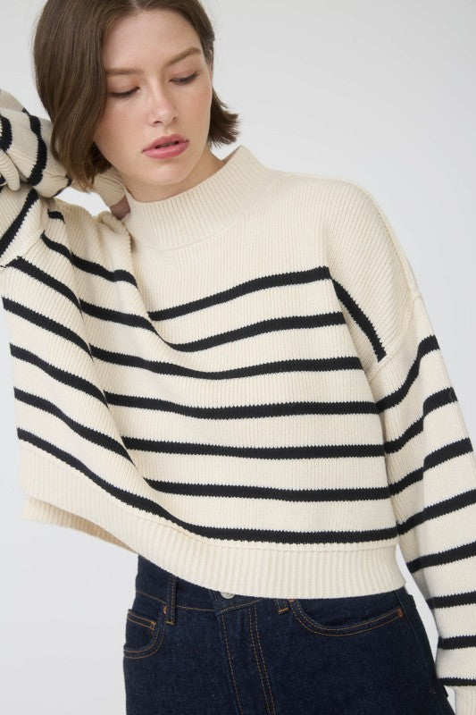 STRIPE MOCK NECK DROP SHOULDER KNIT SWEATER