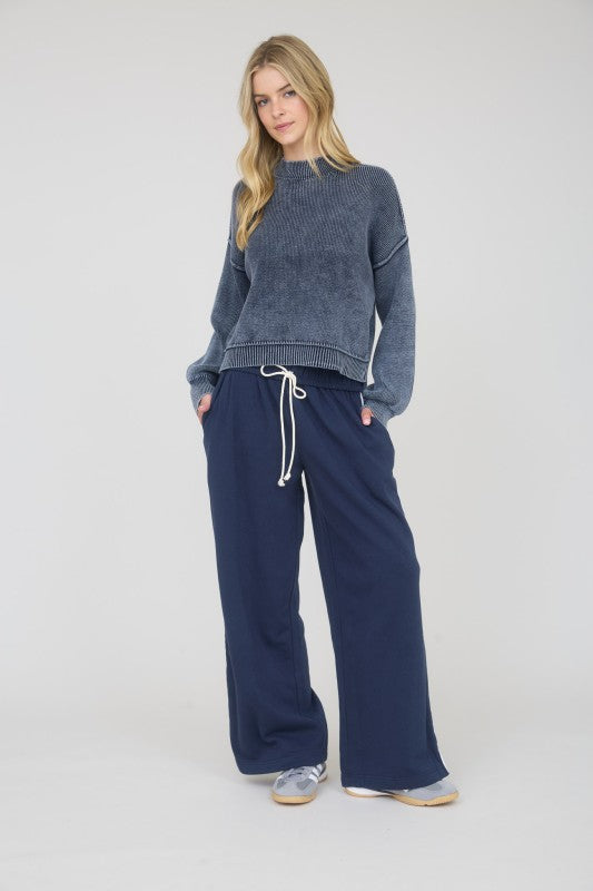 WASHED MOCK NECK PULLOVER SWEATER | NAVY