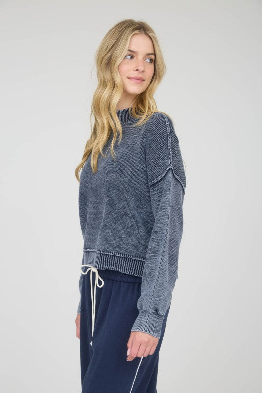 WASHED MOCK NECK PULLOVER SWEATER | NAVY