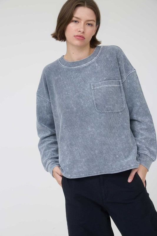 WASHED LONG SLEEVE RIB KNIT TOP