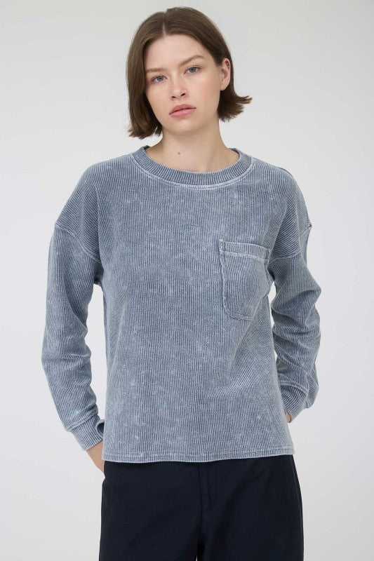 WASHED LONG SLEEVE RIB KNIT TOP
