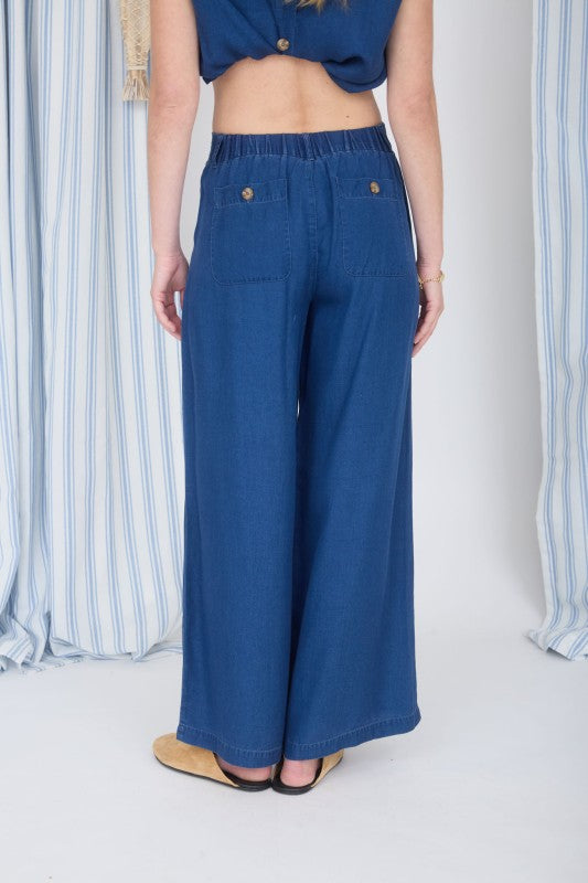 DARK CHAMBRAY PINTUCK WIDE LEG PANTS |2  RESTOCKED