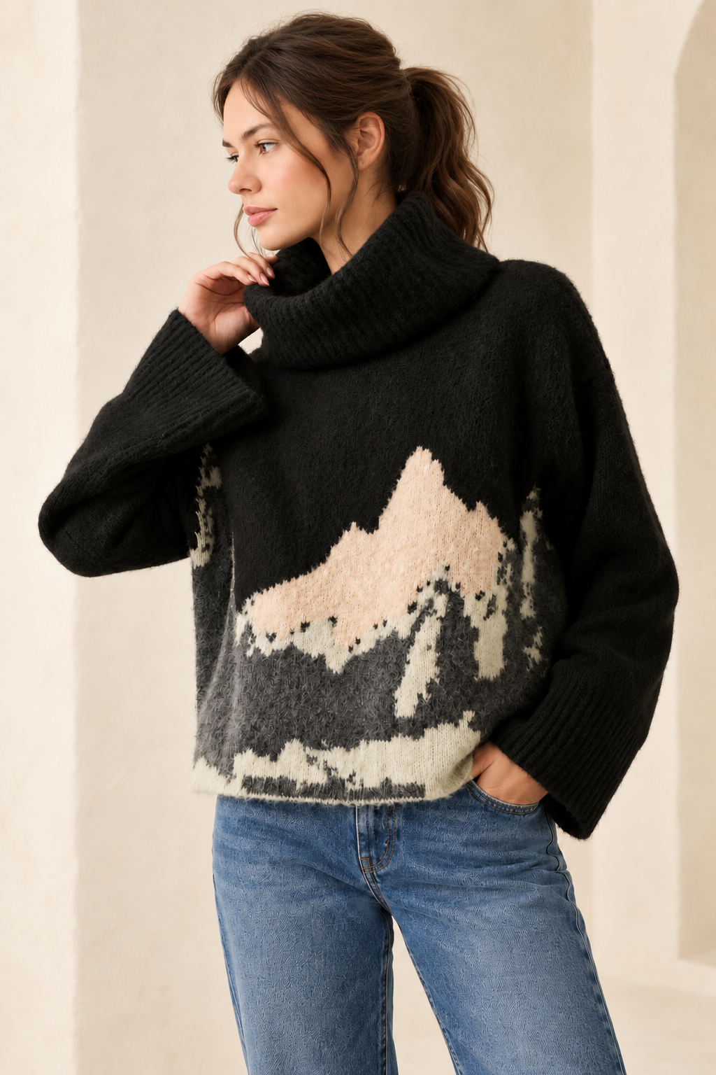 MOUNTAIN JACQUARD KNIT TURTLENECK SWEATER | BLACK RESTOCKED