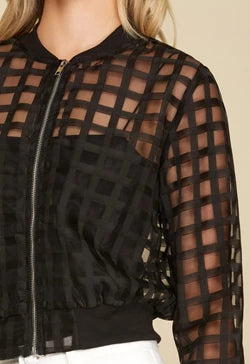 GRID PATTERN BOMBER JACKET - BLACK