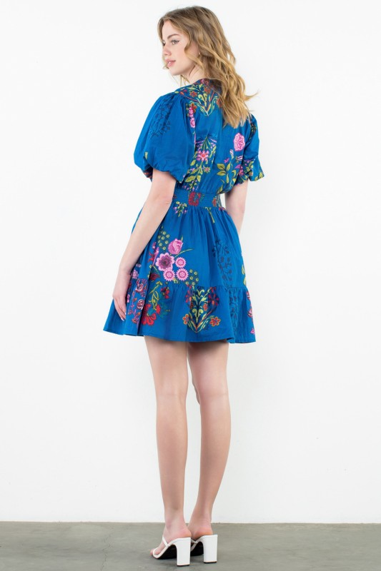 BY THML | THE EMBROIDERED PUFF SLEEVE SMOCKED DRESS