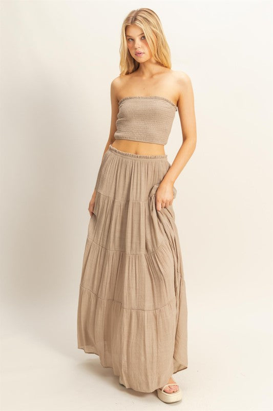 SMOCKED STRAPLESS TOP AND SKIRT SET | 3 RESTOCKED