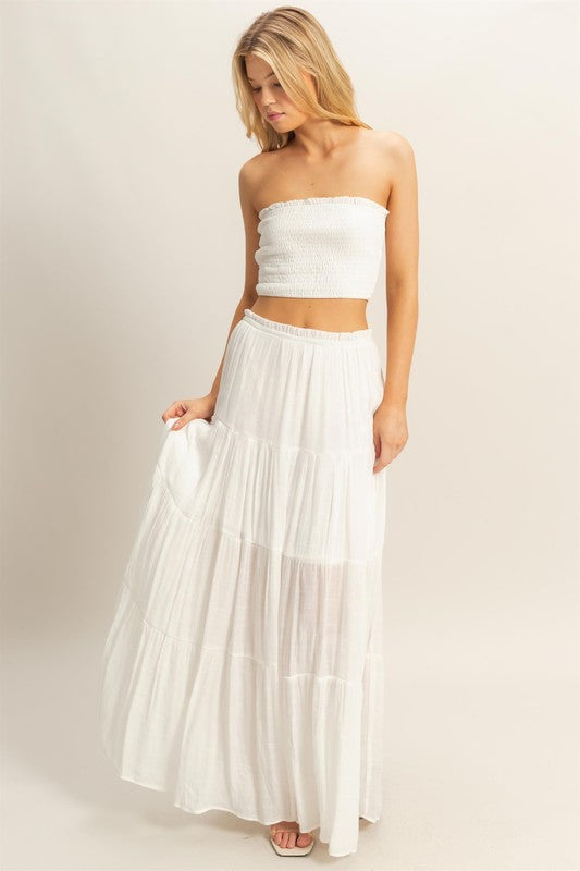SMOCKED STRAPLESS TOP AND SKIRT SET | RESTOCKED
