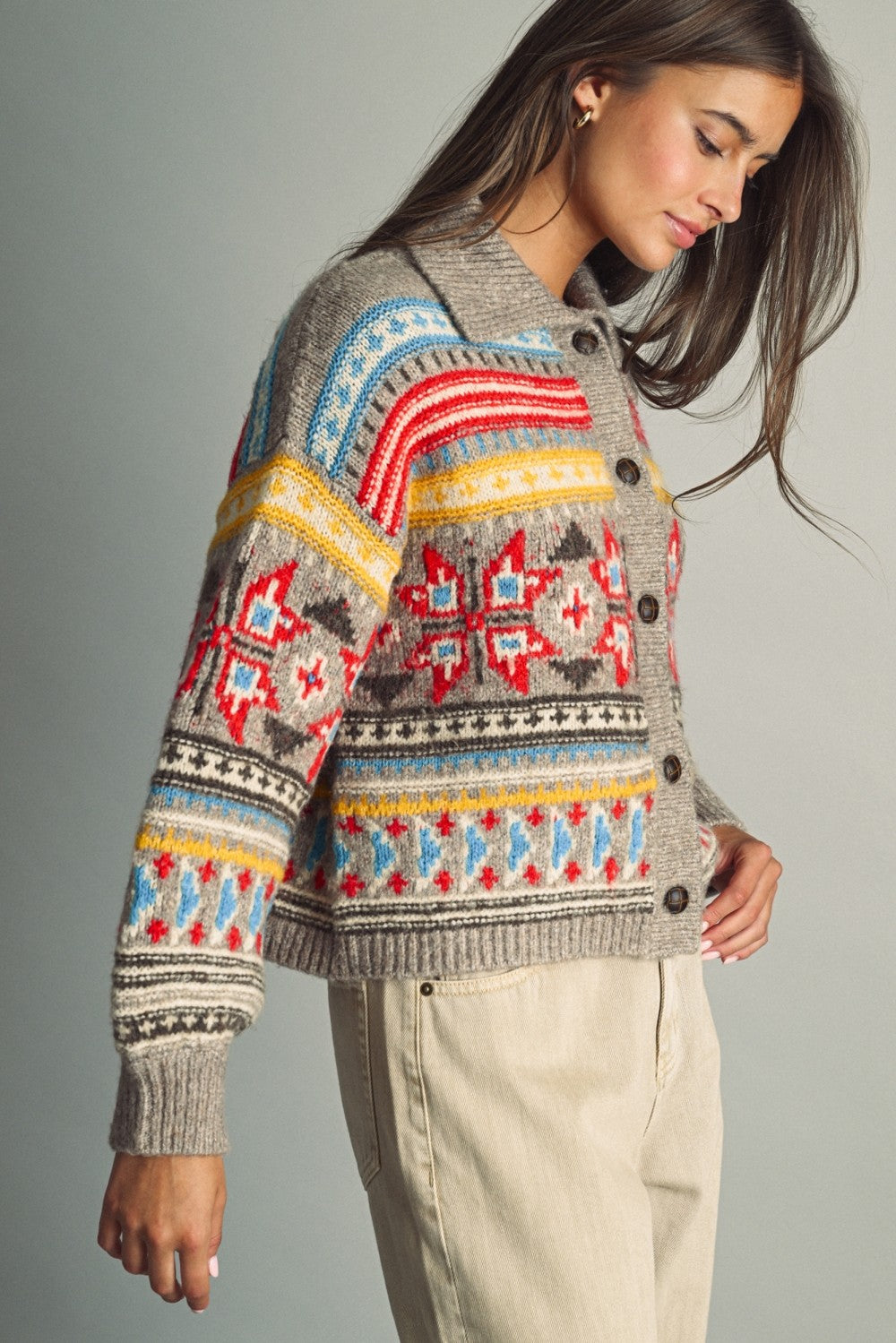 FOLK PATTERNED BUTTON-DOWN SWEATER WITH BIG COLLAR