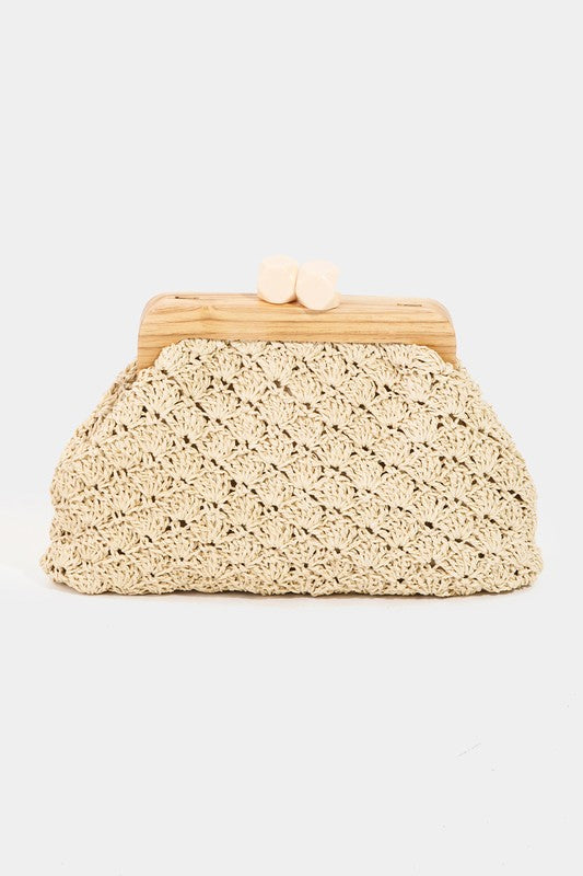 STRAW WOODEN FRAMED CLUTCH