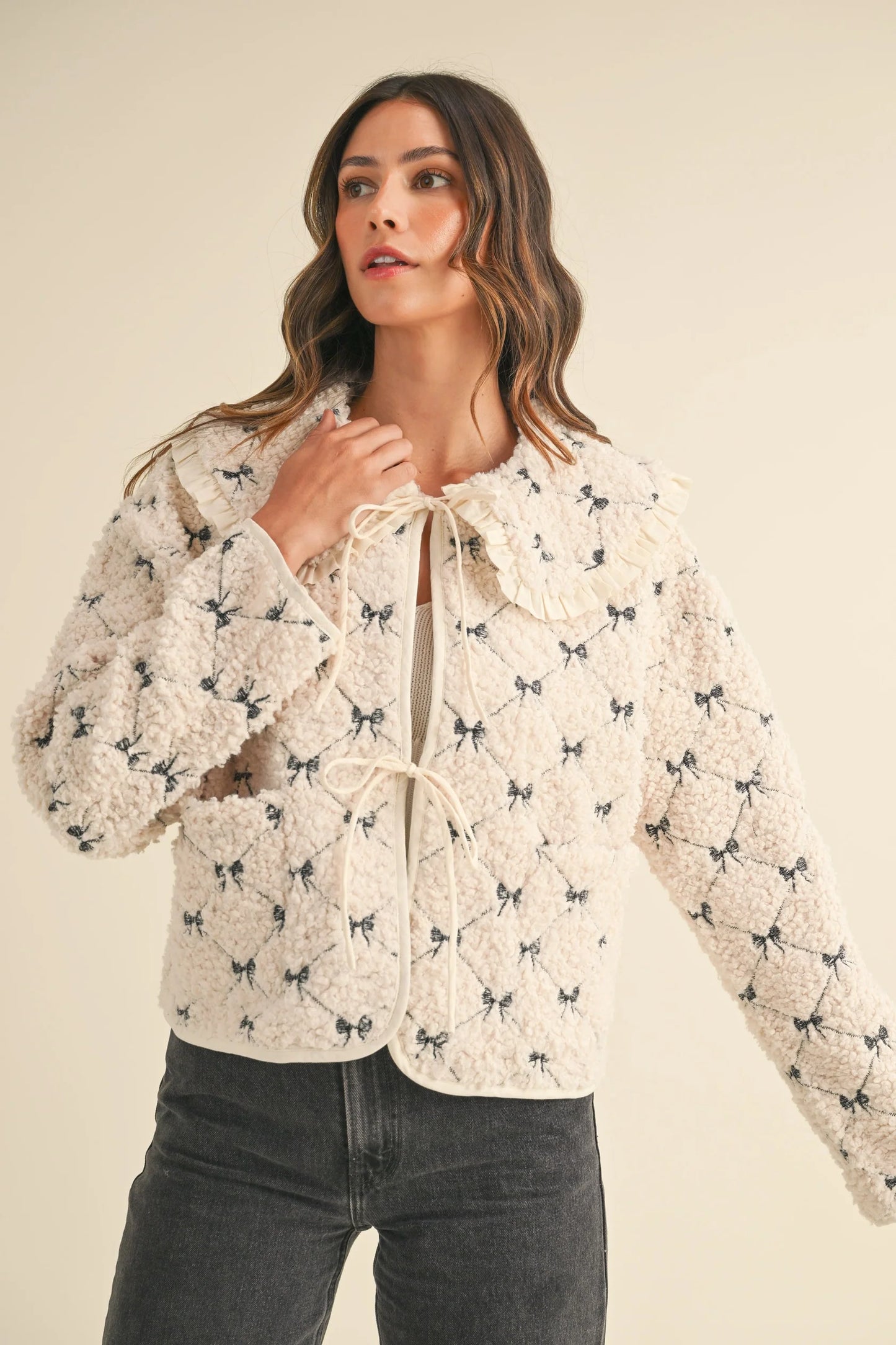 PREMIUM LINE | PETER PAN BOW EMBROIDERED QUILTED SHERPA JACKET | RESTOCKED