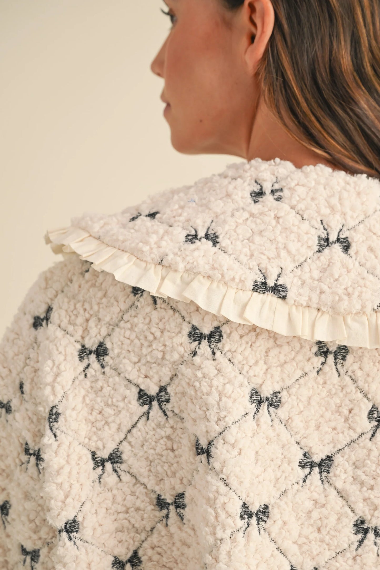PREMIUM LINE | PETER PAN BOW EMBROIDERED QUILTED SHERPA JACKET | RESTOCKED