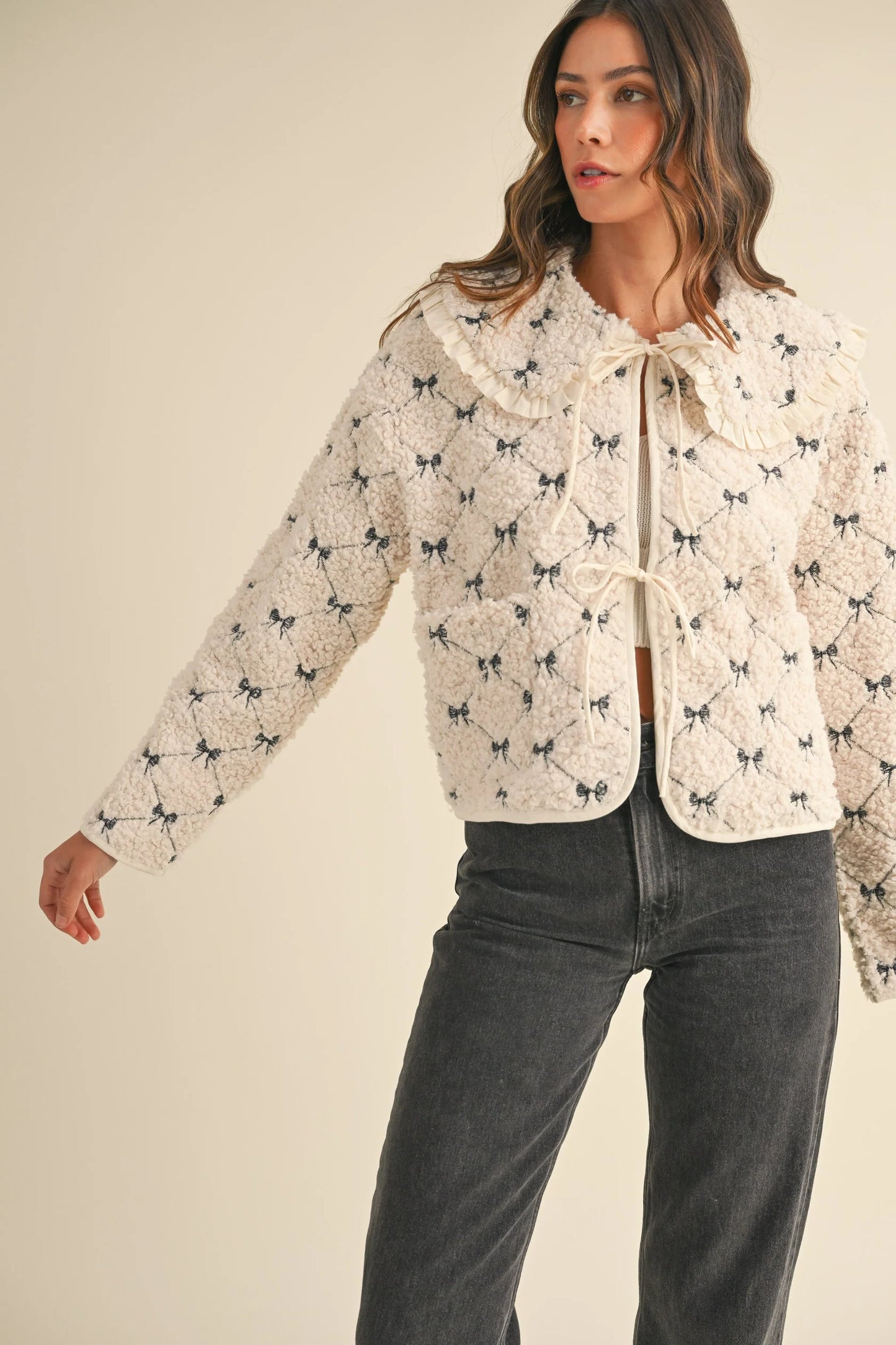 PREMIUM LINE | PETER PAN BOW EMBROIDERED QUILTED SHERPA JACKET | RESTOCKED