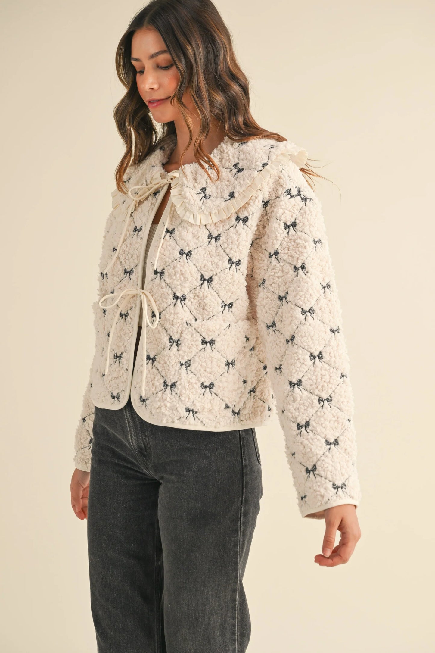 PREMIUM LINE | PETER PAN BOW EMBROIDERED QUILTED SHERPA JACKET | RESTOCKED