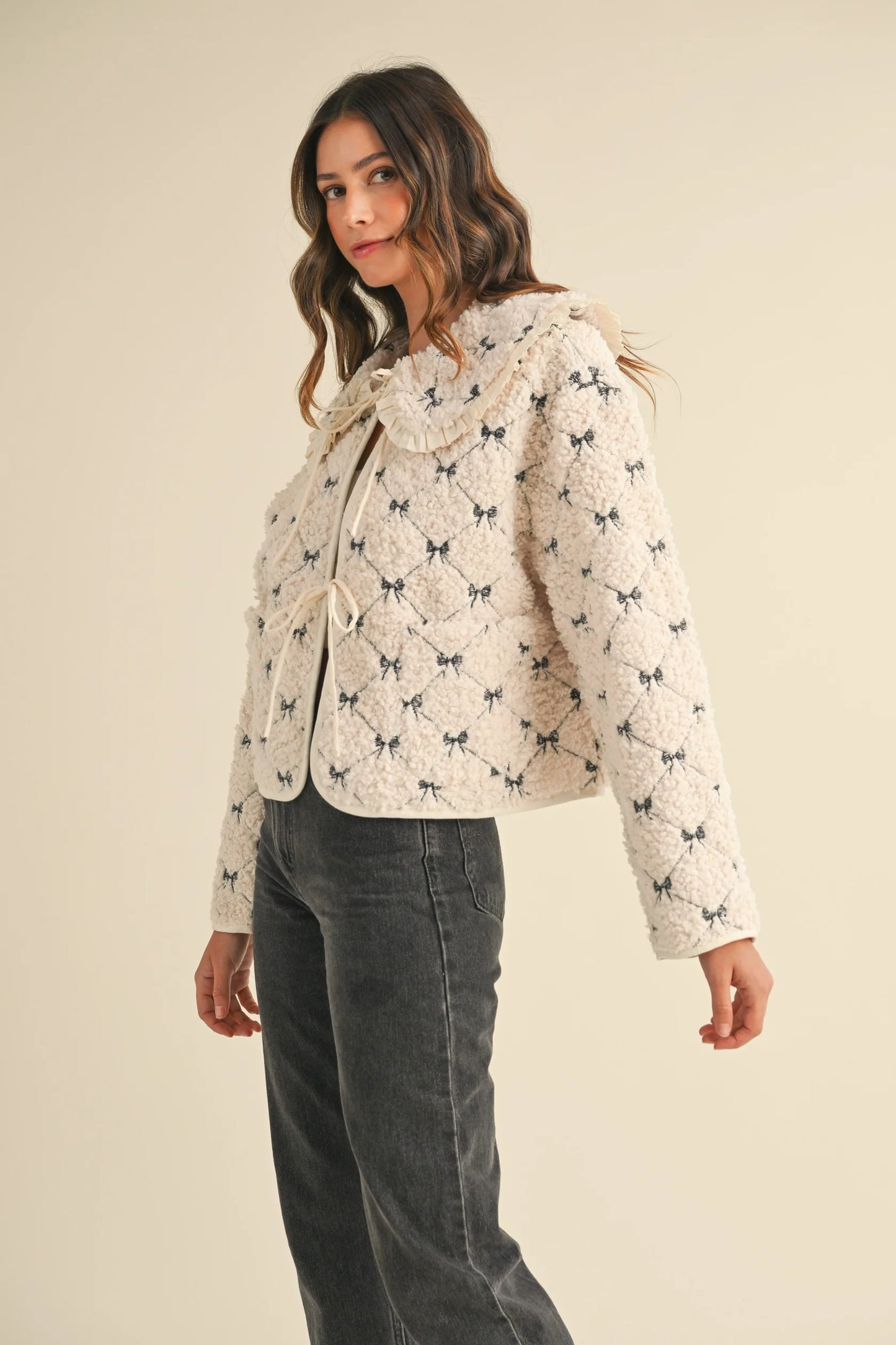 PREMIUM LINE | PETER PAN BOW EMBROIDERED QUILTED SHERPA JACKET | RESTOCKED