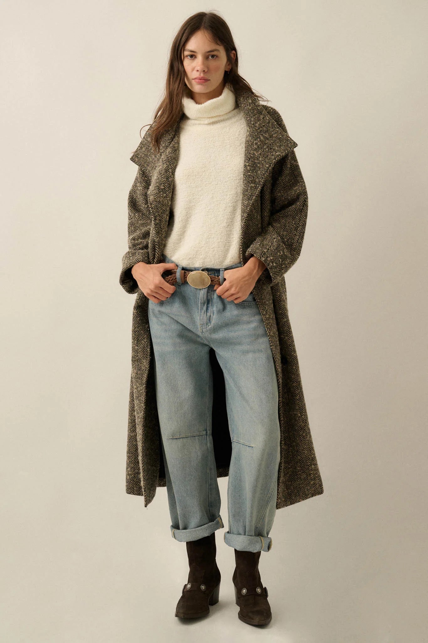 THE ELOISE HERRINGBONE TWEED BELTED OVERCOAT