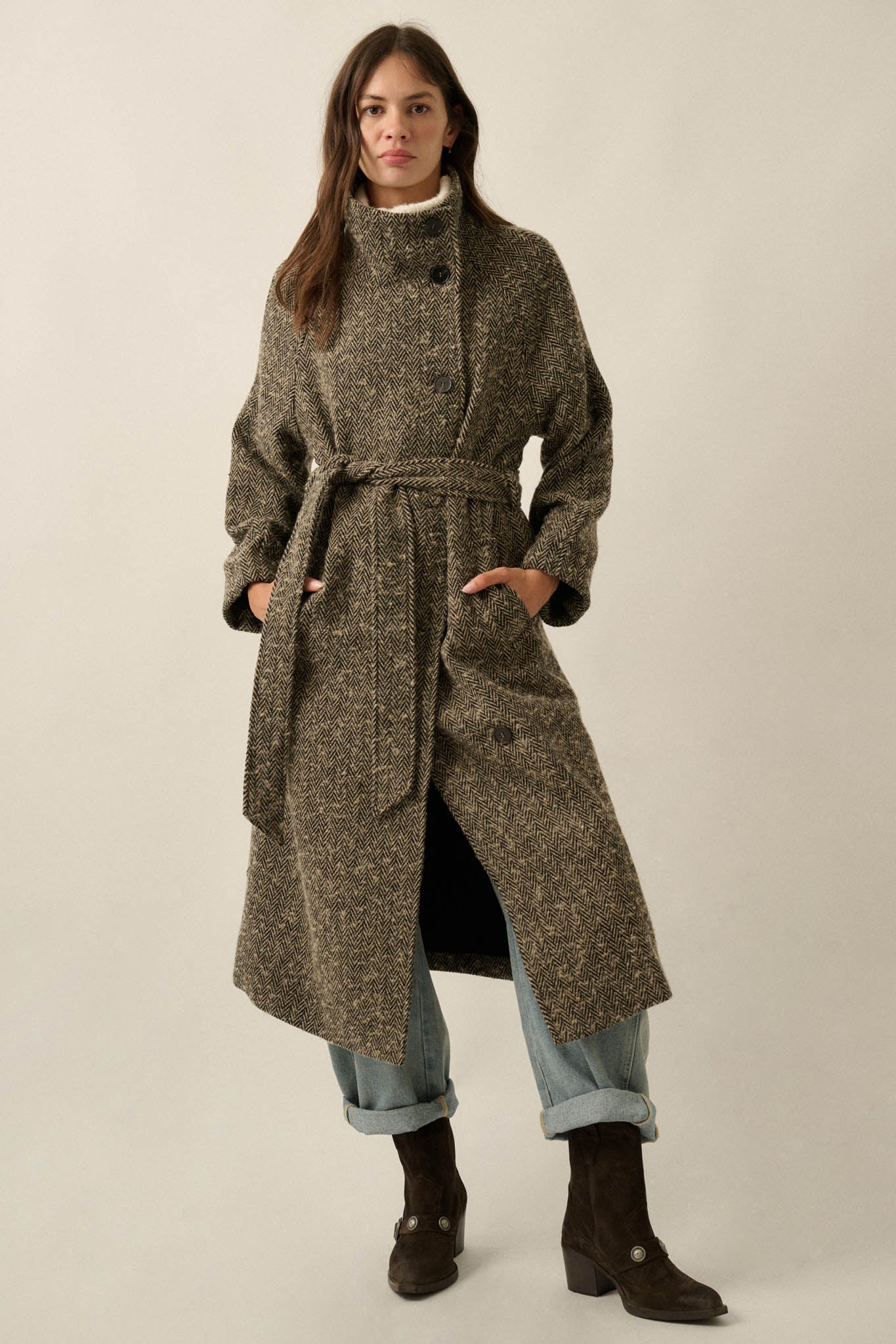 THE ELOISE HERRINGBONE TWEED BELTED OVERCOAT