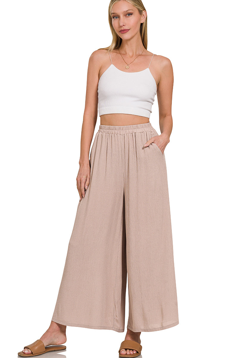 WOVEN CRINKLE WIDE PANTS WITH POCKETS
