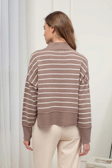 STRIPE MOCK NECK SIDE SPLIT KNIT PULLOVER SWEATER