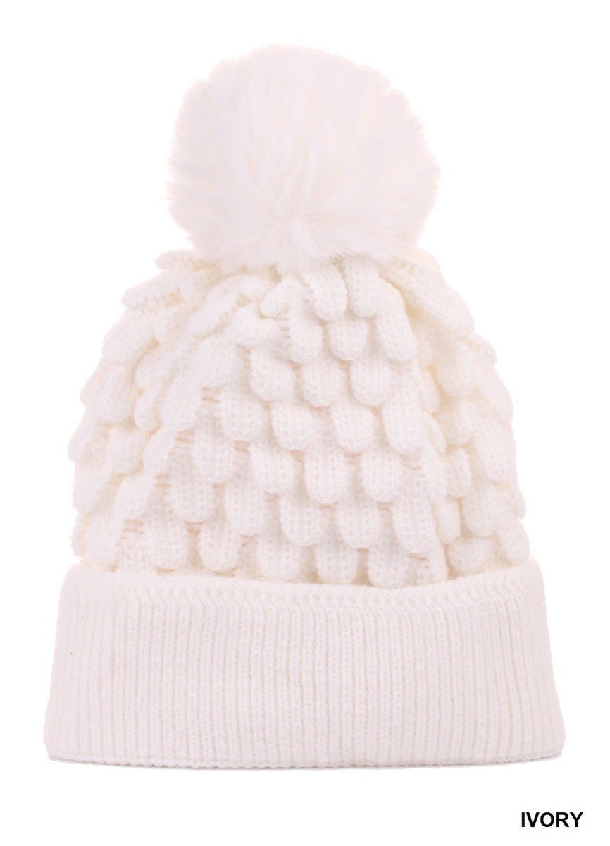 CABLE KNIT POM POM BEANIE WITH WARM LINING - 4 COLORS