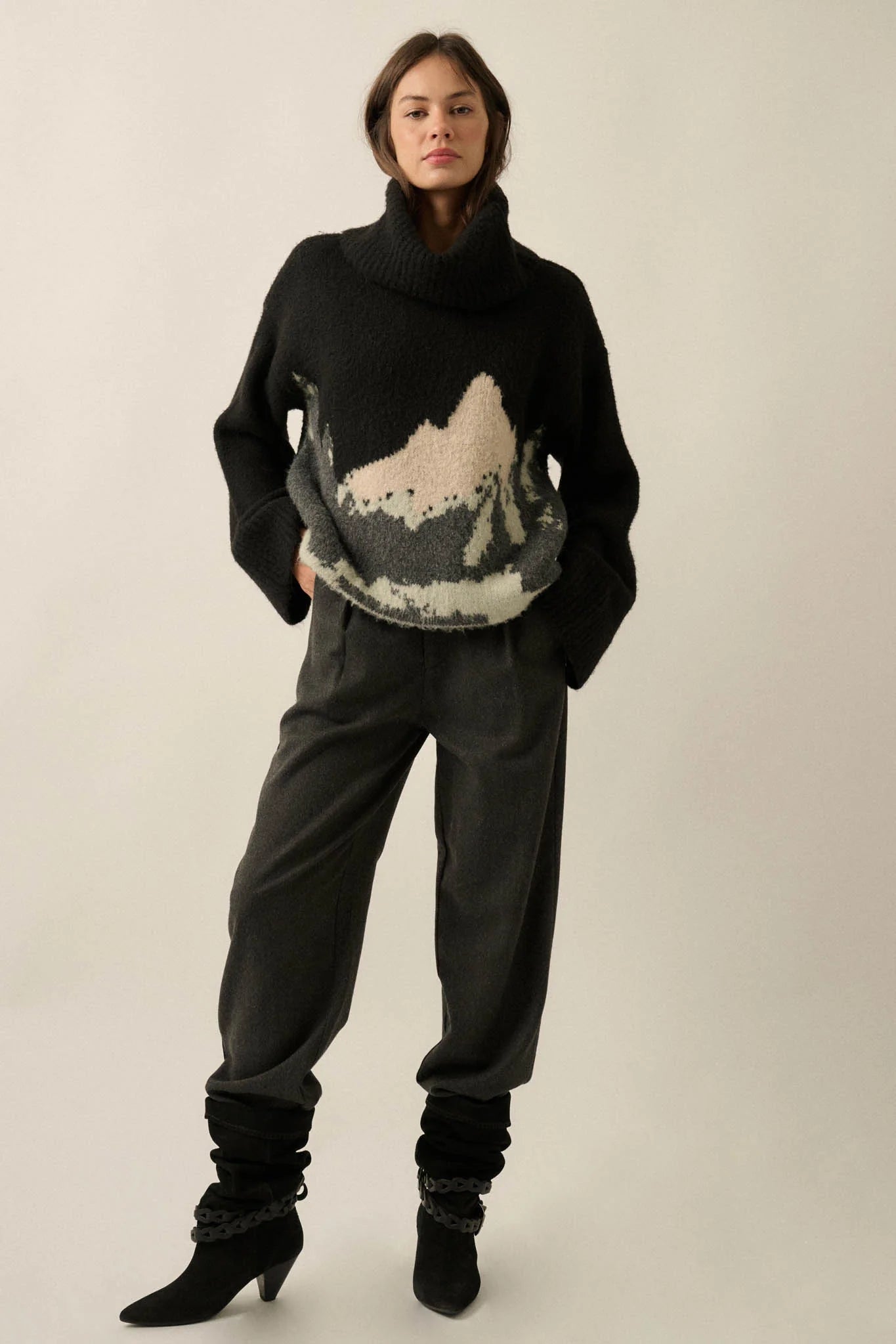 MOUNTAIN JACQUARD KNIT TURTLENECK SWEATER | BLACK RESTOCKED