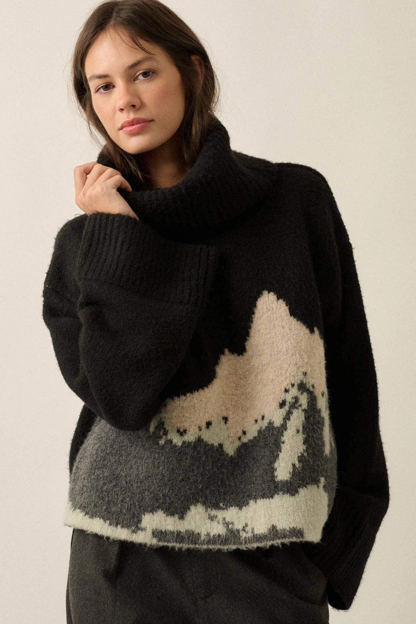 MOUNTAIN JACQUARD KNIT TURTLENECK SWEATER | BLACK RESTOCKED