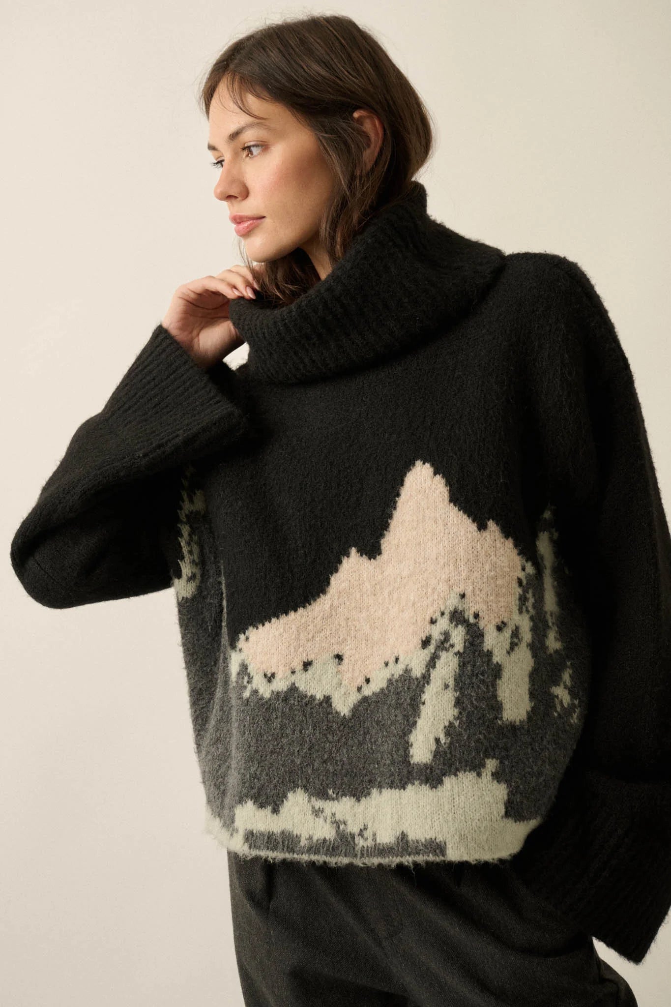 MOUNTAIN JACQUARD KNIT TURTLENECK SWEATER | BLACK RESTOCKED