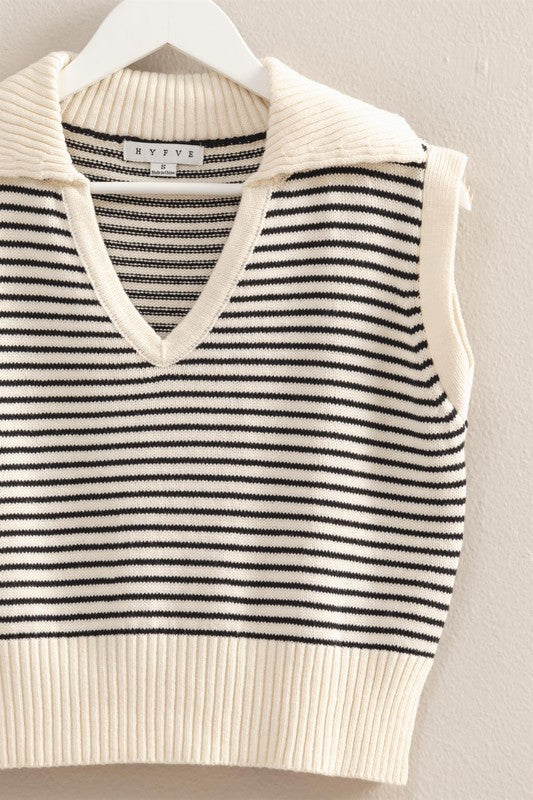 STRIPED KNIT COLLARED TOP