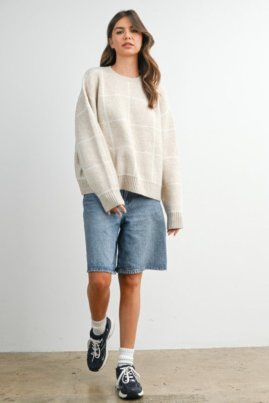 CHECKERED CREW NECK KNIT SWEATER