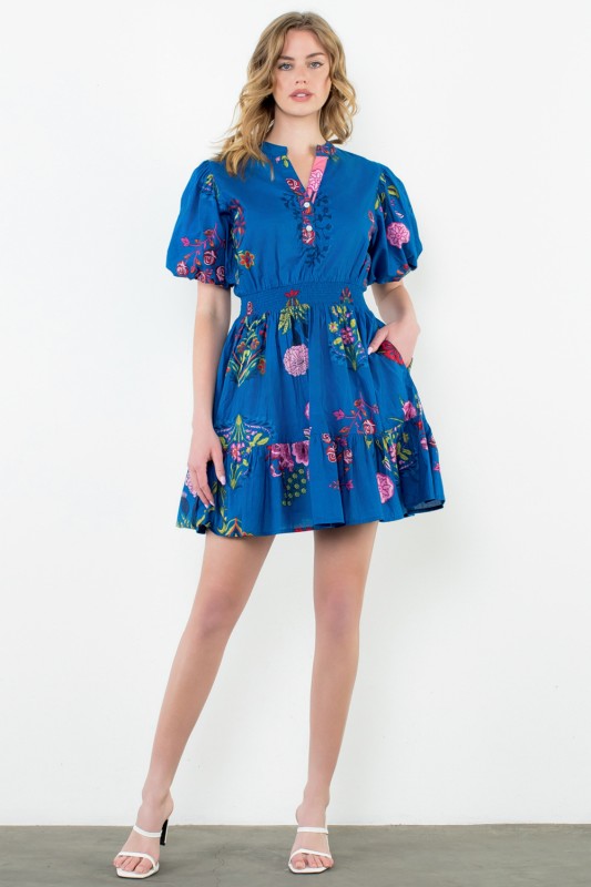 BY THML | THE EMBROIDERED PUFF SLEEVE SMOCKED DRESS
