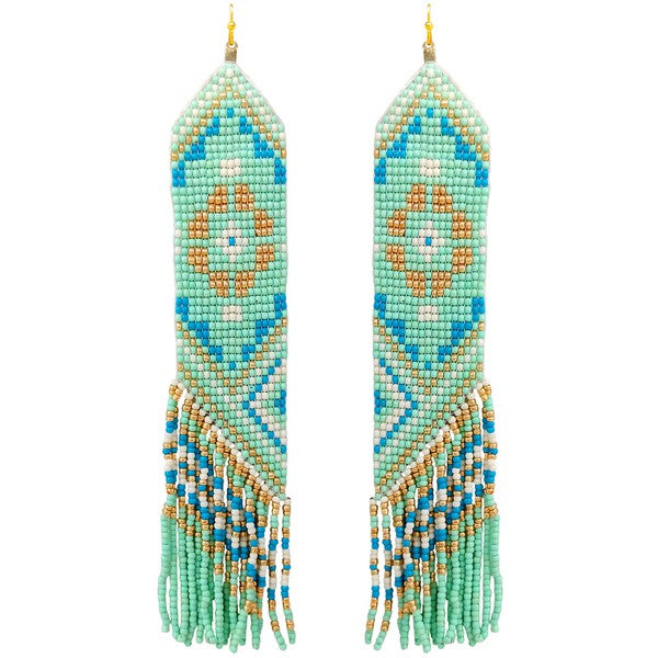 MULTICOLOR SEED BEAD TASSEL LONG DROP DANGLE EARRINGS - MINT