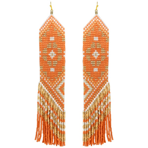 MULTICOLOR SEED BEAD TASSEL LONG DROP DANGLE EARRINGS - ORANGE