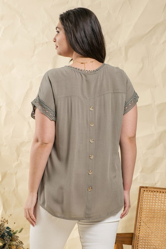 LACE TRIM WOVEN TOP - DUSTY SAGE  S-3X
