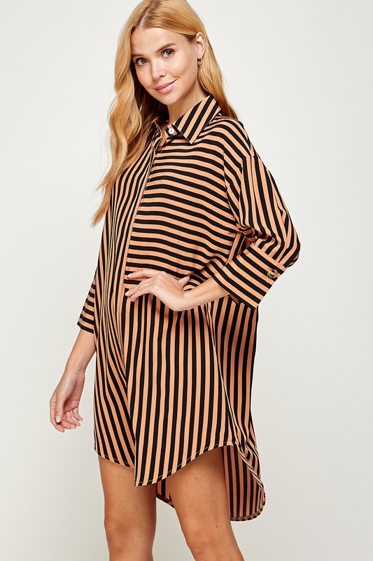 STRIPED CURVED HEM DRESS - MOCHA