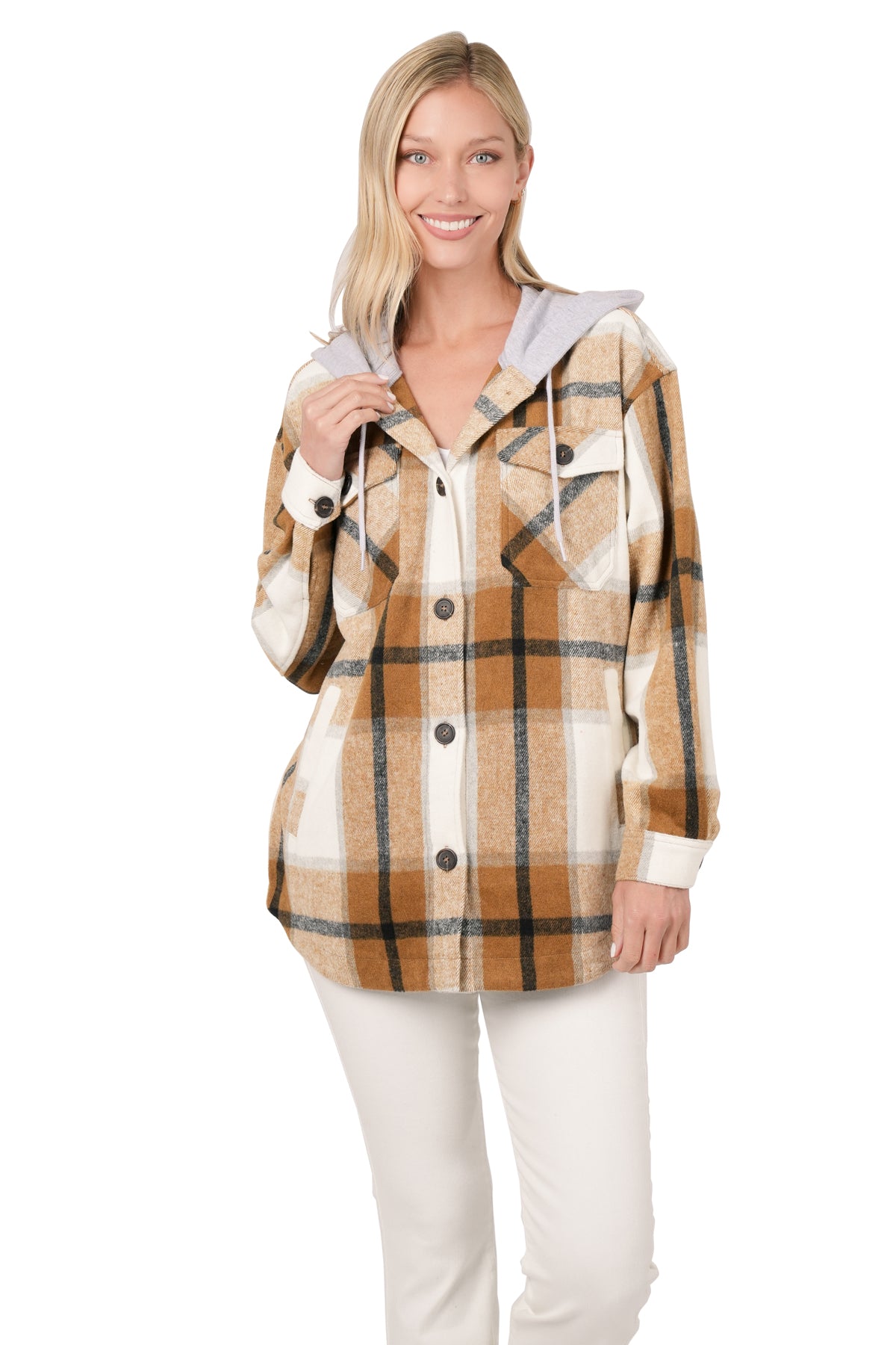 PLAID HOODED SHACKET - CAMEL